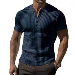 Men's Polos Men Polo Shirt Solid Color Short Sleeve V Neck Ribbed Stretch Streetwear Spring SummerSlim Fit Button Tshirt Top Clothing