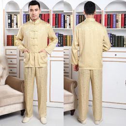 Men's Tracksuits Elderly Men Silk Long Sleeve Trousers Tang Suit Tai Chi Grandpa Full Stay Incense Crepe Chinese Practise Shirt TP092