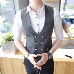 Men's Vests Double Breasted Waistcoat Spring Slim Sleeveless Formal Suit Vest Gray Black Fashion Males Business Casual