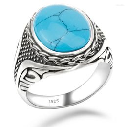 Cluster Rings 925 Sterling Silver Ring Vintage Antique Natural Stone Men's Punk Style Turquoise High Jewellery Wedding Gift