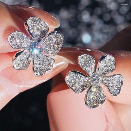 Stud Earrings Romantic Crystal Flower For Women Ear Piercing Full Paved CZ Stone Delicate Female Gift Fashion Jewelry