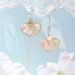 Dangle Earrings 2023 Trendy Korean Asymmetric Fan Drop For Women Hollow Pearl Shell Flowers Tassel Zircon Earring Creative Jewellery