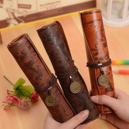 Learning Toys Vintage Retro Treasure Map Canvas Leather Pencil Cases Large Cpacity Makeup Brush Pouch Stationery Storage Bags Supplies