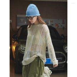 Women's Sweaters Early Autumn Hollow Out Women Color Matching Round Neck Loose Knitted Sweater Korean Holes Thin Light Fluffy Tops