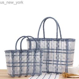Totes 2022 Fashion PVC Handbag For Women Handwoven Check Vegetable Basket Bag Female Casual Tote Plastic Transparent Jelly Beach Bag HKD230822