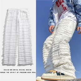 Men's Jeans White Hip Hop Jeans Striped Tassel Frayed Straight Baggy Jeans Pants Harajuku Male Female Solid Streetwear Casual Denim Trousers 230821