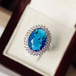 Cluster Rings Fashion Big Oval Sea-blue Stone Light Blue Cubic Zirconia Party Jewellery For Women Decorate Anillos Mujer Costume Ball