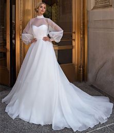 Elegant A-line Organza Wedding High Neck See Through Long Sleeves Bride Bridal Gowns Robe De Mariee Custom Made Vestido De Noiva 2023