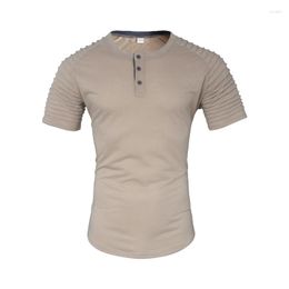 Men's T Shirts O Neck Shirt Men Summer Casual Solid Color Short Sleeve For Fashion Mens Pleated Henley Tees Man Pullover Tops