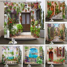 Shower Curtains Garden Flowers Scenery Shower Curtains Bath Curtain Waterproof Bathroom Home Decor Washable Fabric Bathroom Screens R230829