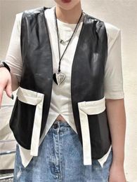 Women's Leather Genuine Contrast Colour Vest For Women Korean Sleeveless Jacket Sheepskin OL Style Waistcoat Y4210