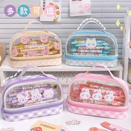 Learning Toys Ins Cute Pencil Bag Transparent Kawaii Cartoon Bear Bunny Pencil Case Pouch Double-layer Protable Stationery Bag Student Supplie