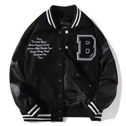 Men's Jackets Spring Fall Stitching Leather Sleeve Bomber Jacket Letter Embroidered Black Baseball Uniform Men Women Couple Casual Streetwear J230821