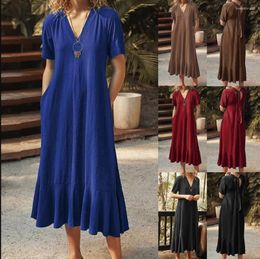 Casual Dresses Women A Line V Neck Solid Color Midi Dress Short Sleeves Long Loose Elegant Vestidos Ladies 2023 Summer