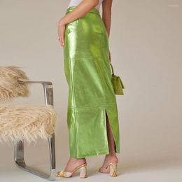 Women's Blouses Sexy Sparkly Slit Luxury Long Skirts Women High Waist Metallic Green Slim Maxi Skirt 2023 Summer Elegant Birthday Party