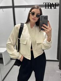 Women's Jackets TRAF Women Fashion With Pockets Bomber Jacket Coats Vintage Long Sleeve Front Button Casual Female Outerwear Chic Tops 230821