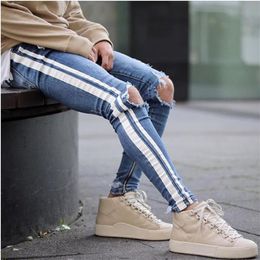 Fashion Mens Slim Pencil Jeans White Striped Skinny Ripped Denim Pants with Pockets Washed Street Style Pants240f