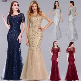 Formal Evening Dresses Ever Pretty Mermaid O Neck Short Sleeve Lace Appliques Tulle Long Party Gowns Robe Soiree Sexy SH190828213Q