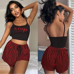 Women's Sleepwear 2PCS/Set Women Pajama Sets Sleeveless Tube Tops Shorts Homewear Suit Sexy Casual Letter Stripe Printed Loungewear