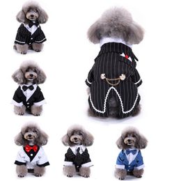 Dog Apparel Gentleman Dog Clothes Dog Wedding Outfit Cute Tailcoat Pet Suit Striped Dog Tuxedo Bow Tie French Bulldog Halloween Costume 230821