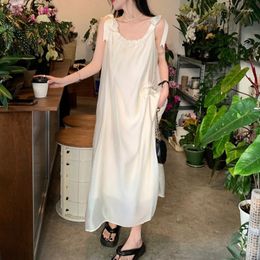 Casual Dresses 2023 French Style Gentle Sleeveless Sling Dress Summer Solid Color Backless Beach Resort Sweet Loose Bow Long 27730