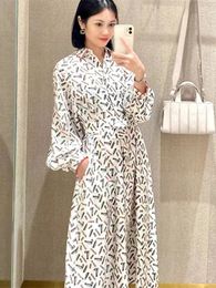 Basic Casual Dresses Women Lipstick Pattern Printed MidCalf Dress 100% Silk TurnDown Collar Long Sleeve Autumn Female Elegant LaceUp Robe 230821