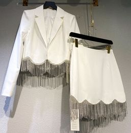 Two Piece Dress Women s Suit Sexy Lapel Long Sleeve Diamond Tassel Short Jacket Mini Skirt Set 230822