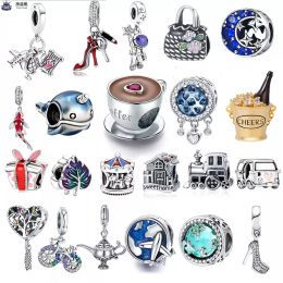 925 Sterling Silver Dangle Charm Aircraft Train Tower Camera Travel Dream Coffee Cup Shoes Bead For pandora charms authentic 925 silver beads