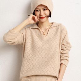 Women's Sweaters 2023 Autumn And Winter Cashmere Sweater Women V-neck Hollow Loose Fashion High-end POLO Collar Solid Colour Knitted Pullover