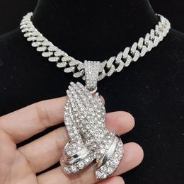 Pendant Necklaces Men Hip hop Hands Pendant Necklace With 13mm Crystal Cuban Chain Hiphop Iced Out Bling Necklaces fashion Charm Jewellery 230821