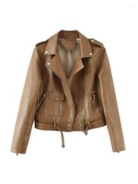 Women's Leather Streetwear Female Moto Biker Slim Fit Pu Faux Jacket Spring Autumn Women Zipper Belt Coat Chic Outwear