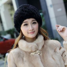 Winter Womens Hats Natural Real Fur Knitted Cap Fashionable Fluffy Ladies Genuine Fur Beanie Female Black Caps241S