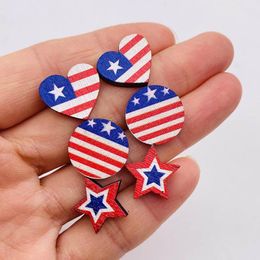 Stud Earrings Mini Round Wooden Of American Independence Day Creative Blue Red White Heart Star Sunflower Jewelry Wholesale