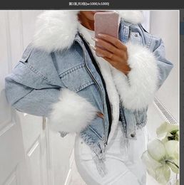 Womens Fur Faux Washed and polished white denim short fur jacket to keep warm in autumn winter 230822