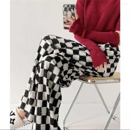 Women's Pants 2023 Spring Checkerboard Plaid Wide Legged Y2K High Waist Crumpled Velvet Trousers Female Casual Loose Streetwear