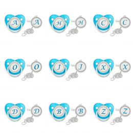 Blue Baby Pacifier and Pacifier Clips BPA Free 26 Letters Name Silicone Infant Nipple Gold Bling Newborn Dummy Soother