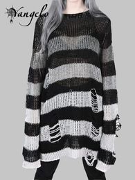 Men's Sweaters Punk Gothic Striped Long Sweater Stretch Thin Pullover Broken Sweater Hollow Out Slit Spring Knit Top Jumpers Y2K Clothes for DP 230821