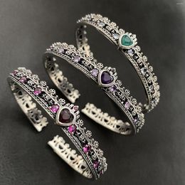 Bangle Retro Old-fashioned Colorful Zircon Cross Crown Heart Open Bracelet For Women