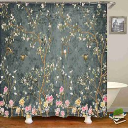 Shower Curtains 3D plants flowers and birds printed waterproof shower curtain with bathroom curtain home decoration curtain R230822