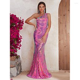 Casual Dresses Sexy Women Elegant One Shoulder Sleeveless Pink Sequined Cocktail Formal Occasion Party Prom Evening Mermaid Long Maxi Dress