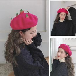 Berets Autumn and Winter Handmade Fruit Pitaya Beret Pumpkin Hat Cute Soft Girl Little Leaf Painter Wool 230821