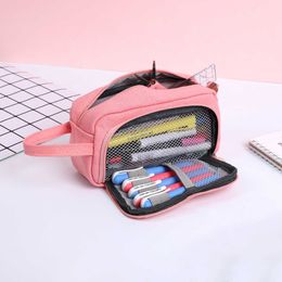 Learning Toys New Brief Grid Student Double-layer Pencil Case School pen Case for Girls Boys Stationery Large canvas Pencil Bag estojo