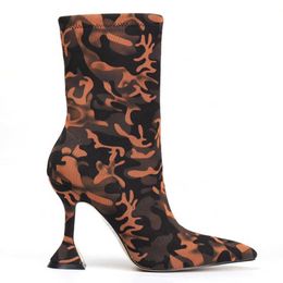 2022 Summer New Shaped Heel Pointed Baotou Camo Style Short Boots Fashion Women's Boots 230822
