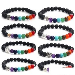 Beaded Handmade 8Mm 7 Chakras Natural Lava Stone Beads Bracelet For Men Buddha Head Tree Of Life Owl Elephant Charm Fashion Jewelry Ot5Ep