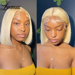 Synthetische Perücken blonde kurze Bob vorgezogen mit Babyhair 613 Hd Transparent Spitzenfront Perücke 13x4 Glueless menschliches Haar bereit zum Tragen 230821