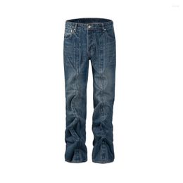 Men's Jeans Wide Leg Twisted Steel Wire Ruched Washed Y2K Men Straight Baggy Casual Streetwear Denim Trousers Harajuku Hip Hop Cargos