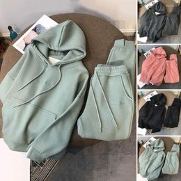 Women's Two Piece Pants 2Pcs/Set Simple Casual Outfit Long Sleeve Coldproof Fleece Lining Solid Colour Women Hoodie Jogging Suit