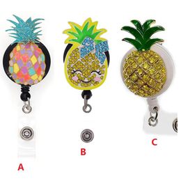 Cartoon Key Rings Fruit Pineapple Rhinestone Retractable ID Holder For Nurse Name Accessories Badge Reel With Alligator Clip328g
