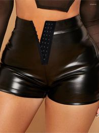 Women's Shorts High Waist Women 2023 Summer Fashion Solid Sexy Buckled Plain Skinny Daily Above Knee Pu Leather