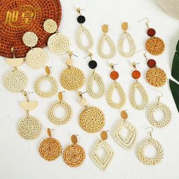 Hoop Earrings Fashion Bohemia Round Square Geometric Wooden For Women Vintage Manual Weaving Dangle Jewellery Summer Beach Accessories